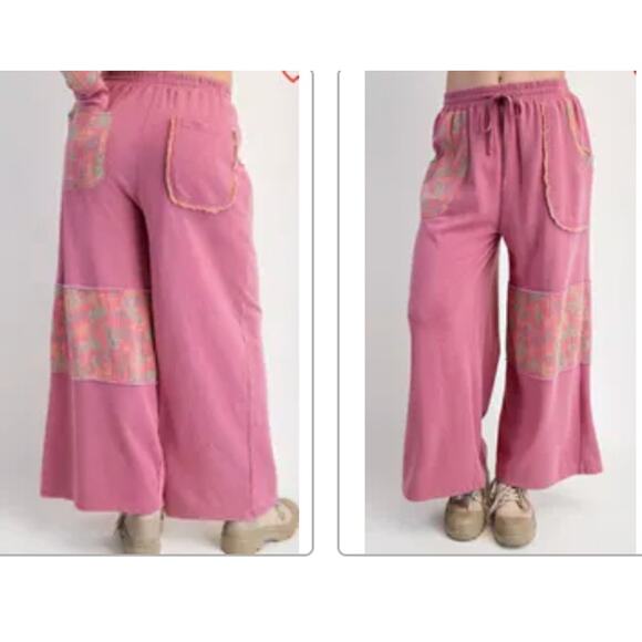 Easel Womens Athleisure Patchwork Mineral Wash Terry Cloth 2 Pc Pant Set Pull on - Picture 2 of 4